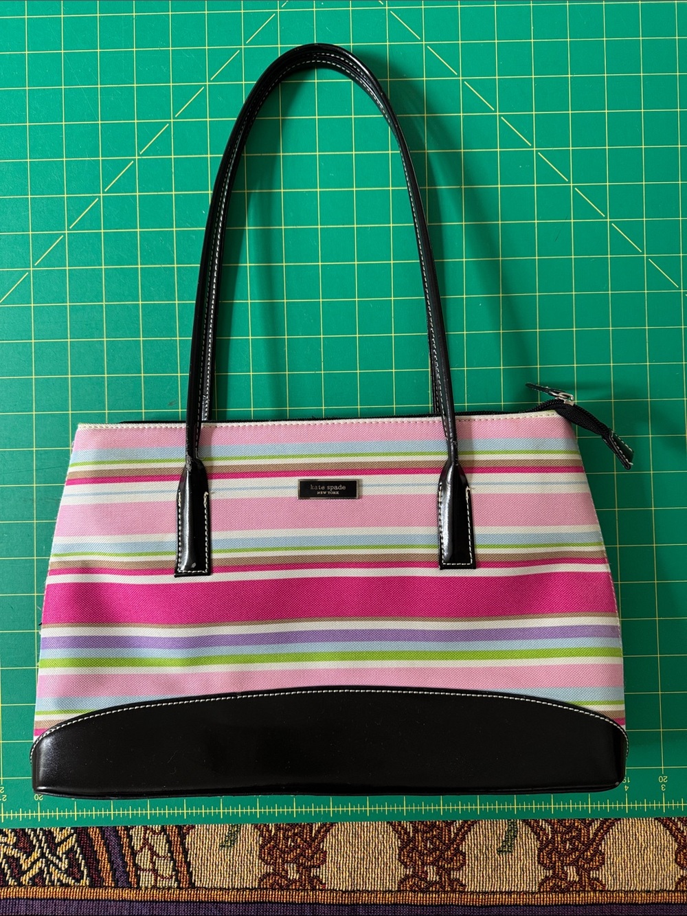 kate spade medium sized multi- striped canvas shoulder bag with leather trim GUC